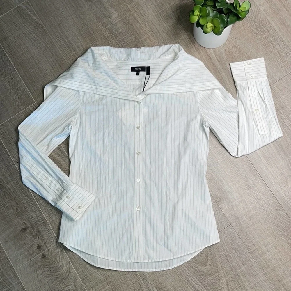 THEORY Doherty Black White Porter Stripe Button Front Off Shoulder Womens Medium - Picture 3 of 10